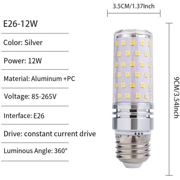 YNTVV-8W LED Corn Light Bulb - Equivalent 80W Incandescent, 800LM, E26 Base Warm White 3000K Non-Dimmable, 4-Pack