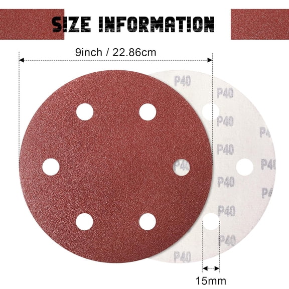 YNTVV-9 Inch 6 Hole Sanding Disc, 40 Grit 15 Pieces Hook and Loop Sandpaper Aluminum Oxide Sanding Pads Sand Paper for Drywall Sander Wood Metal Glass Plastic Leather Rubber