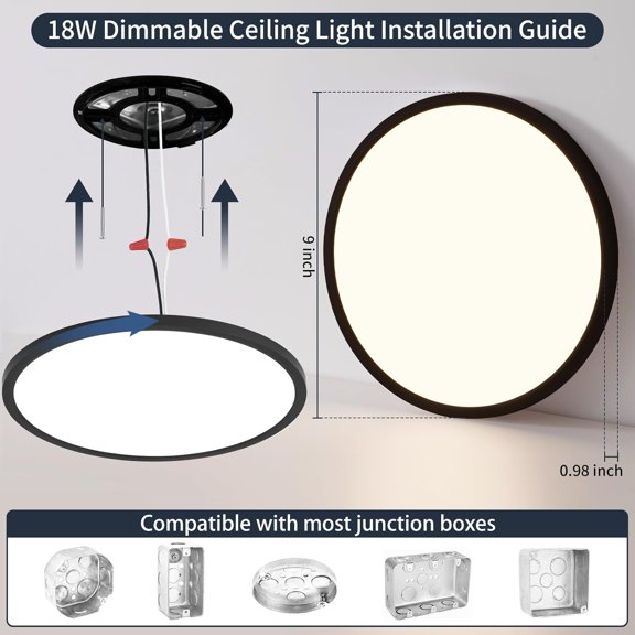 YNTVV-9 Inch Flush Mount Ceiling Light, 5 Color Adjustable Slim 18W 1800LM 2700K-6500K Wired LED Fixture, Modern Low Profile LED Ceiling Lamp for Hallways, Kitchen, Bedroom, Closets, Bathroom, Round,