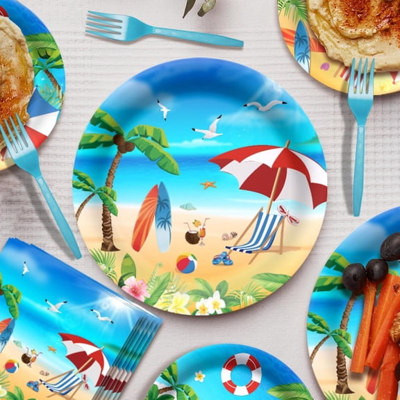 YNTVV-96 Pcs Beach Party Supplies Summer Beach Plates and Napkins Set Summer Decorations Tableware for Hawaiian Party Decorations, Serve 24
