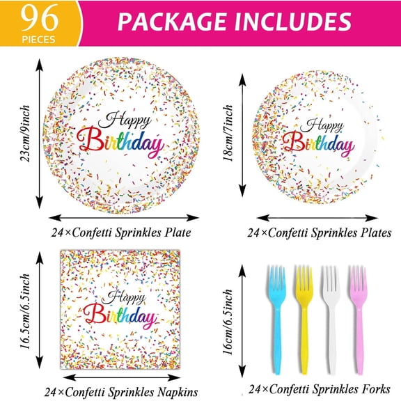 YNTVV-96 Pieces Happy Birthday Plates and Napkins Party Supplies for Confetti Sprinkles Theme Table Decorations Pastel Birthday Party Tableware Donut Paper Plates Napkins Forks Favors for 24 Guests.