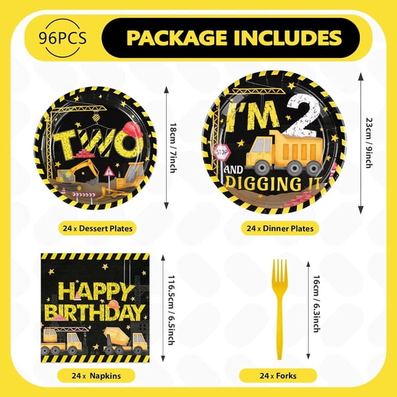 YNTVV-96Pcs Construction 2nd Birthday Party Supplies Construction Truck Plates Napkins Forks Tableware Sets Excavator 2nd Birthday Decorations Favors for Boys Tractor Dump Two Years Old Party, Serves