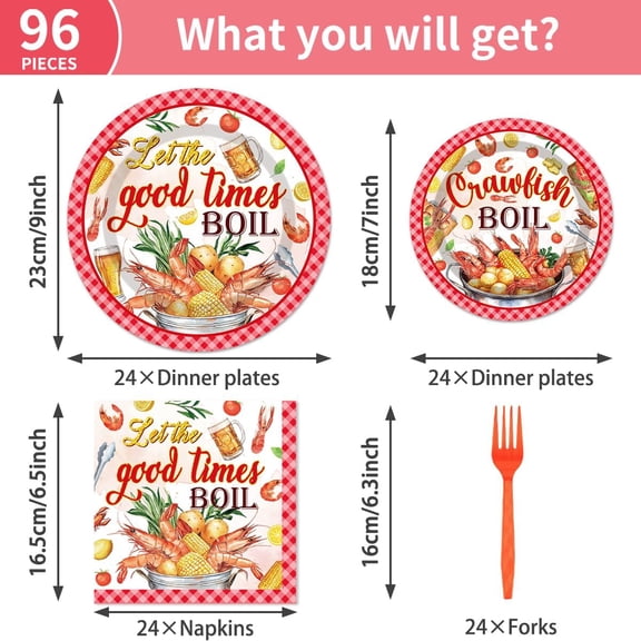 YNTVV-96Pcs Crawfish Boil Party Supplies Tableware Set Let The Good Times Boil Paper Plates Napkins Forks Lobster Seafood Boil Birthday Theme Party Supplies Serve 24 Guests