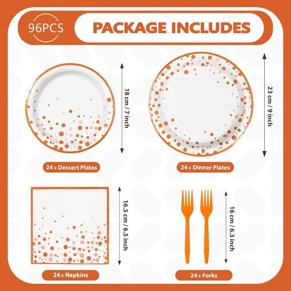 YNTVV-96Pcs Fall Orange and White Birthday Party Supplies Orange and White Polka Dots Plates and Napkins Tableware Sets Boho Autumn Decorations for Picnic Wedding BBQ Dinner Party Favors Decor Serves