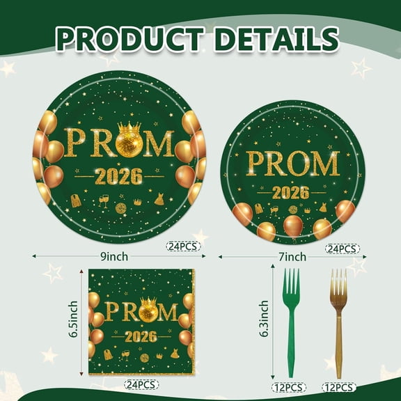 YNTVV-96Pcs Prom Night 2026 Party Tableware Set Green Gold PROM 2026 Send Off Paper Plates Napkins Forks Congrats Class of 2026 Party Graduation Celebration Supplies Serve 24 Guests