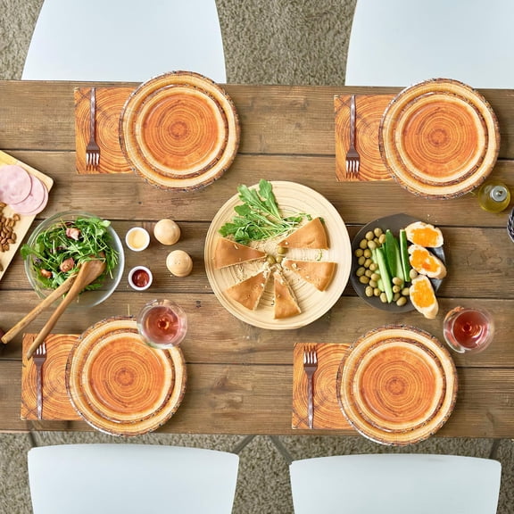 YNTVV-96Pcs Rustic Wood Grain Paper Plates 9" 7" Napkins and Forks Set, Camping Party Supplies Wood Slice Tableware for Western Lumberjack Hunting Birthday Party Decorations, Serve 24 Guests