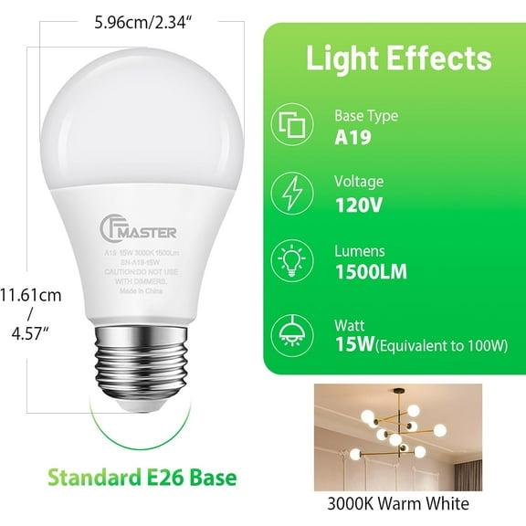YNTVV-A19 LED Light Bulb, LED Bulbs 100 Watt Equivalent, 3000K Warm Light Bulbs, 1500 Lumens, E26 Standard Base Lightbulb, Non-Dimmable 15 Watt Soft White Bulbs for Home, ETL Listed(10-Pack)
