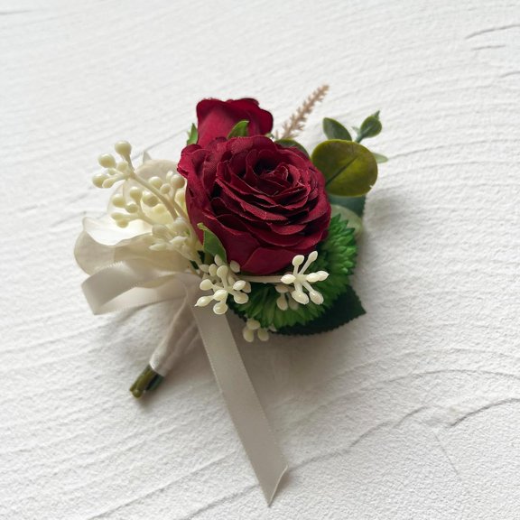 YNTVV-Artificial Wrist Corsage Boutonniere Set for Groom Bride Groomsmen Bridesmaids, Corsage Wristband Men Boutonniere Wedding Party Prom Suit Decorations - Burgundy 2Pcs