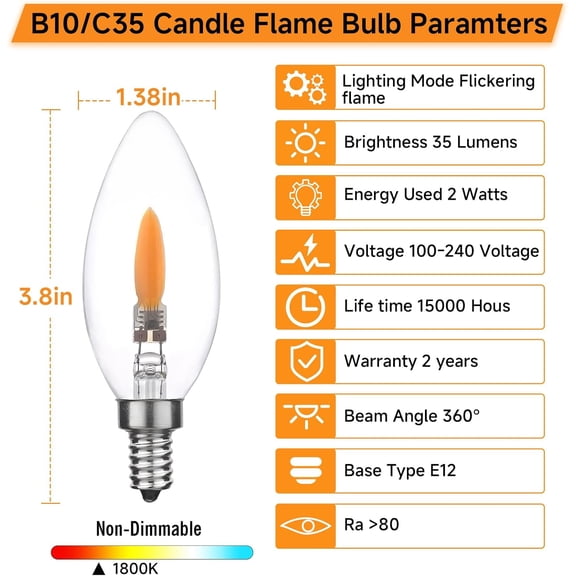 YNTVV-B10/B11 LED Flame Effect Light Bulb E12 Type B Flickering Candle Light Bulbs for Holiday Gifts Home Hotel Bar Party Decoration Non-Dimmable 2pack