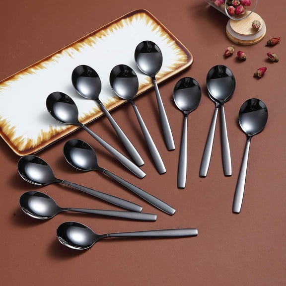 YNTVV-Black Teaspoons 6.3" Set of 12, Stainless Steel Titanium Shiny Black Plating Tea Spoons Silverware, Tea Spoon Small Dessert Spoon Teaspoon Dishwasher Safe