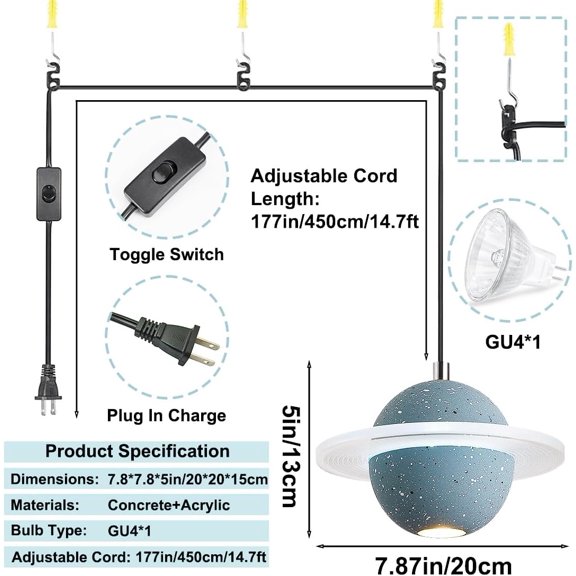 YNTVV-Blue Planet Concrete Pendant Light Nordic Led Cement Hanging Light 14.7ft Plug in Adjustable Round Stone Light fixtures for Living Room Dining Room Bedroom Kitchen Island