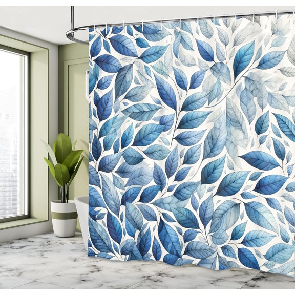 YNTVV-Blue Shower Curtain, Leaf Print Botanical Design Watercolor Effect Modern Nature Concept Art Pattern, Cloth Fabric Bathroom Decor Set with Hooks, 69" W x 70" L, Violet Blue