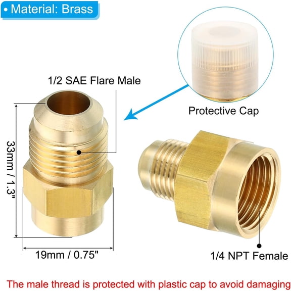 YNTVV-Brass Flare Tube Fitting, 2pcs Union Coupling Gas Adaptor 1/2" SAE 45 Flare Male to 1/4" NPT Female Pipe Connector Adapter with PTFE Tape for Refrigeration Gas System