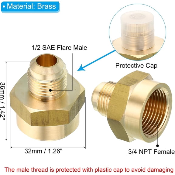 YNTVV-Brass Flare Tube Fitting, Union Coupling Gas Adaptor 1/2" SAE 45 Flare Male to 3/4" NPT Female Pipe Connector Adapter with PTFE Tape for Refrigeration Gas System