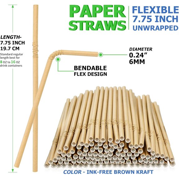 YNTVV-Brown Kraft Bendy Paper Straws, 7.75" x 0.24", 250 Ct. - Eco Friendly Disposable Drinking Straws