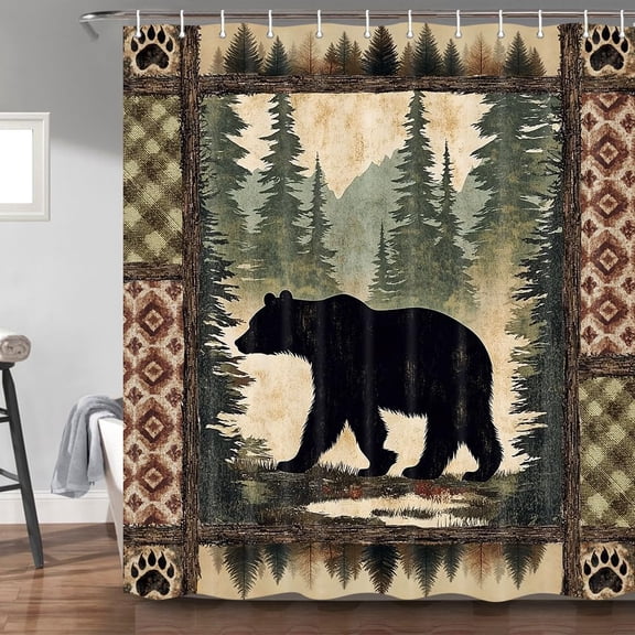YNTVV-Cabin Bear Shower Curtain, Rustic Deer Hunting Decor Bath Curtains, Farmhouse Country Wooden Camping Forest Waterproof Fabric Bathroom Accessories Set, 60X70 inch with Hooks