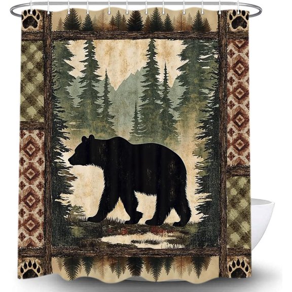 YNTVV-Cabin Bear Shower Curtain, Rustic Deer Hunting Decor Bath Curtains, Farmhouse Country Wooden Camping Forest Waterproof Fabric Bathroom Accessories Set, 69X72 inch with Hooks