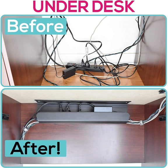 YNTVV-Cable Management Tray, Under-Desk, On-Wall or Side-of-Desk, 17x4x2.4, 2-PK, Hide & Organize Your Cables, Power Supplies and Power Strips, Bonus 10-Pk Cable Ties