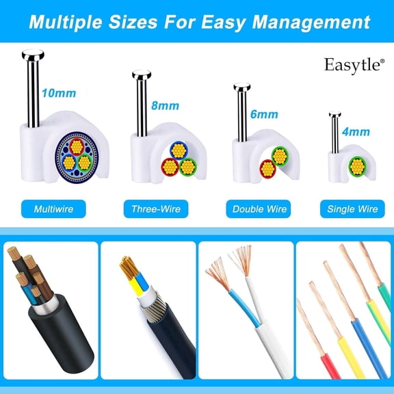 YNTVV-Cable Wire Clips 4mm 6mm 8mm 10mm Cable Management RG6 RG59 CAT5 CAT6 RJ45 Electrical Ethernet Dish TV Speaker Wire Cord Tie Holder Single Coaxial Nail Clamps(Pack of 2000)