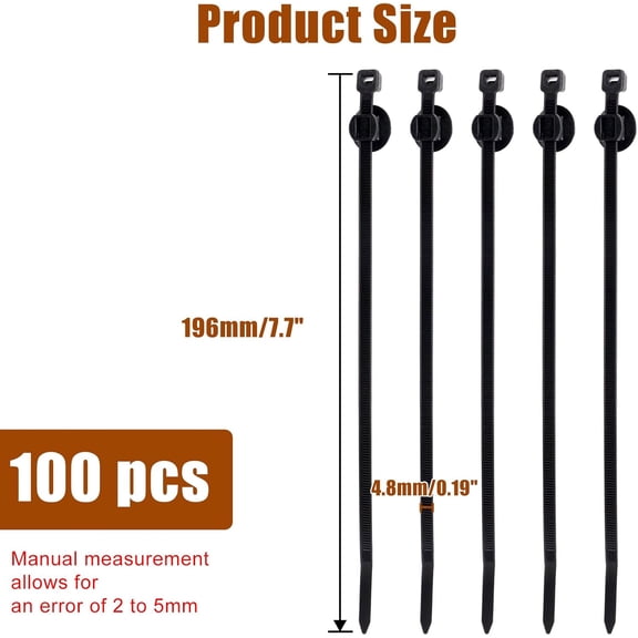 YNTVV-Cable Zip Ties 8 Inch, Black Zip Ties with Retainer - Fir Tree Nylon Push Mount Head Electrical Zip Tie Wire Clip Holder Adjustable Self Locking (100 Pack)