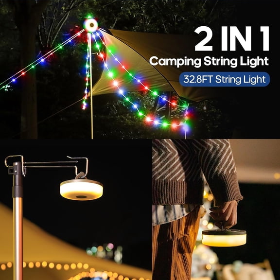 YNTVV-Camping String Lights, 8 Lighting Modes 2-in-1 Outdoor String Lights with RGB and Warm White Light (32.8ft), Quick Storage, Waterproof, Type-C Charging for Camping, Holiday