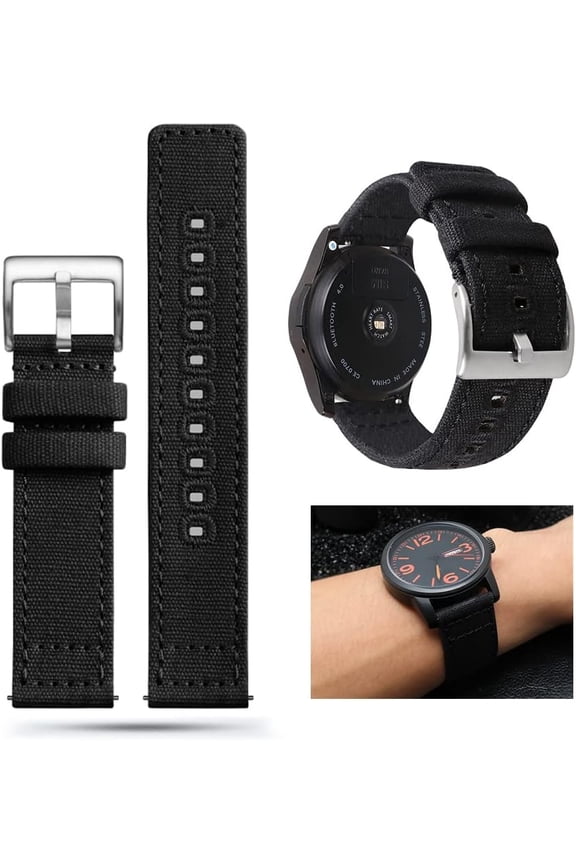 -Canvas Quick Release Watch Band, 20mm 22mm Soft Cotton Fabric Woven Replacement Watch Strap for Men Women (20mm, Black)