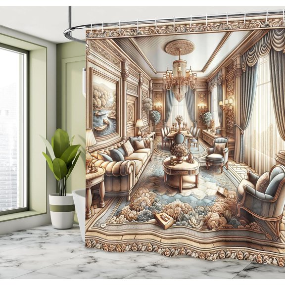 YNTVV-Classic Shower Curtain, Opulent Illustration of a Luscious Room Palatial Ornamental Rich Home Scenery, Cloth Fabric Bathroom Decor Set with Hooks, 69" W x 70" L, Ginger and Blue