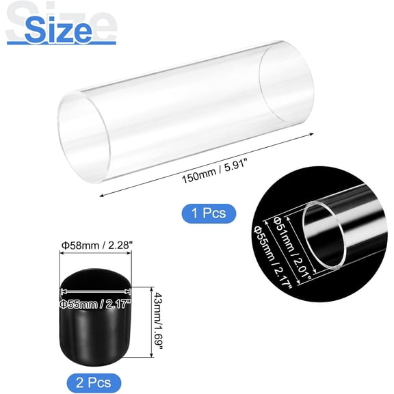 YNTVV-Clear Rigid Acrylic Pipe, 51mm(2.01") ID x 55mm(2.17") OD 6" Round Polycarbonate Tube Plastic Tubing with Rubber Caps for Plumbing, Lighting, Aquarium, DIY Projects