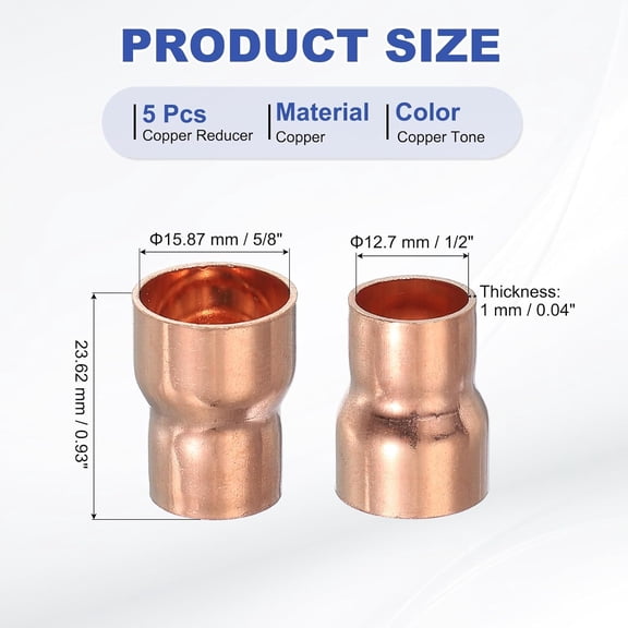 YNTVV-Copper Reducer 5/8" to 1/2" ID, 5 Pcs Reducing Copper Coupling Pressure Fitting Pipe Tube Connector Adapter with Sweat Solder Connection for HVAC Refrigeration, Copper