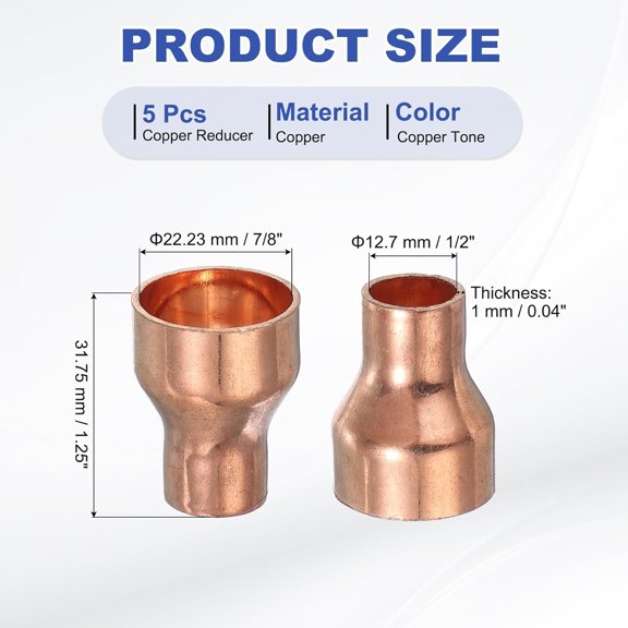 YNTVV-Copper Reducer 7/8" to 1/2" ID, 5 Pcs Reducing Copper Coupling Pressure Fitting Pipe Tube Connector Adapter with Sweat Solder Connection for HVAC Refrigeration, Copper