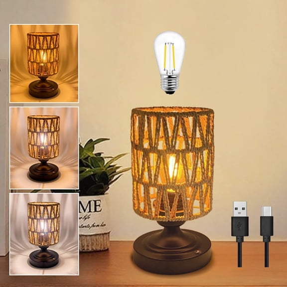 YNTVV-Cordless Rechargeable Table Lamps Night Light Desk Lamp, Battery Operated Farmhouse Table Lamp Boho Rattan Shade Stepless Dimmable for Outdoor Patio, Living Room, Bedroom (Bulb Included)
