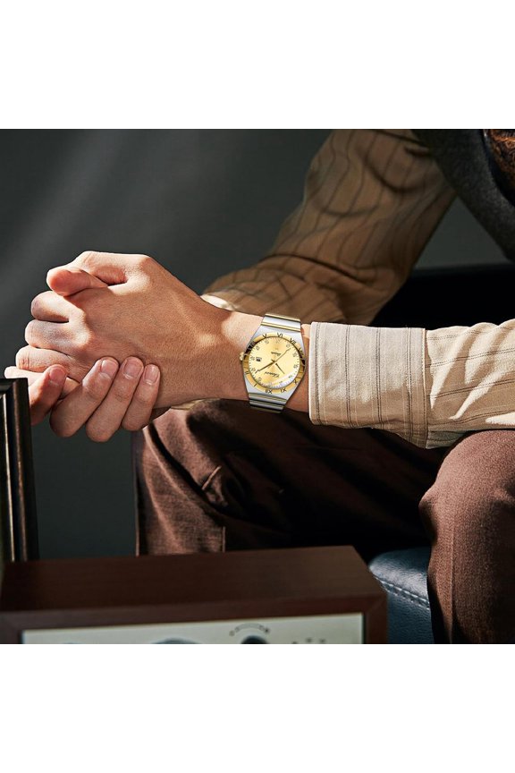 -Couple Watches for Men: Fashion Round Analog Quartz Wrist Watch His and Her Matching Watches Stainless Steel Strap Waterproof Luminous Day Date Business Dress Watch