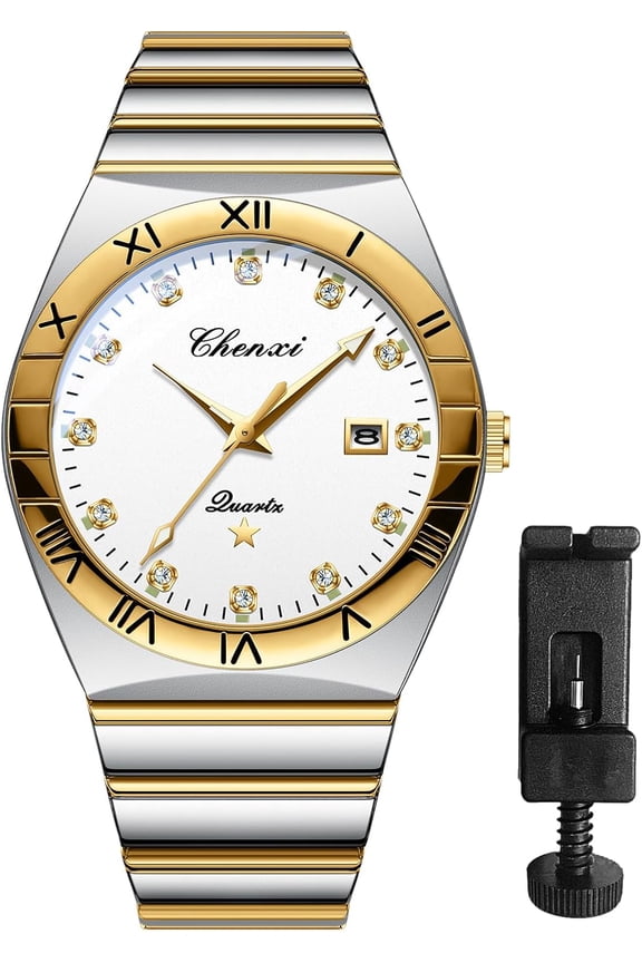 -Couple Watches for Men: Fashion Round Analog Quartz Wrist Watch His and Her Matching Watches Stainless Steel Strap Waterproof Luminous Day Date Business Dress Watch