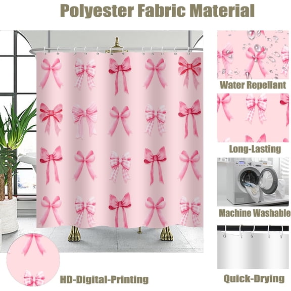 YNTVV-Cute Princess Pink Bow Fabric 72x72 Shower Curtains For Bathroom Coquette Modern Aesthetic Cloth Washable Bath Curtain Set With Hooks Peach Pink Girly Aesthetic Dreamy Preppy Girl Bathroom Deco