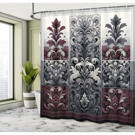 YNTVV-Damask Shower Curtain, Vintage Inspired Opulent Themed Leafy Ornaments Nature Abloom Print, Cloth Fabric Bathroom Decor Set with Hooks, 69" W x 70" L, Maroon and Dark Blue Grey