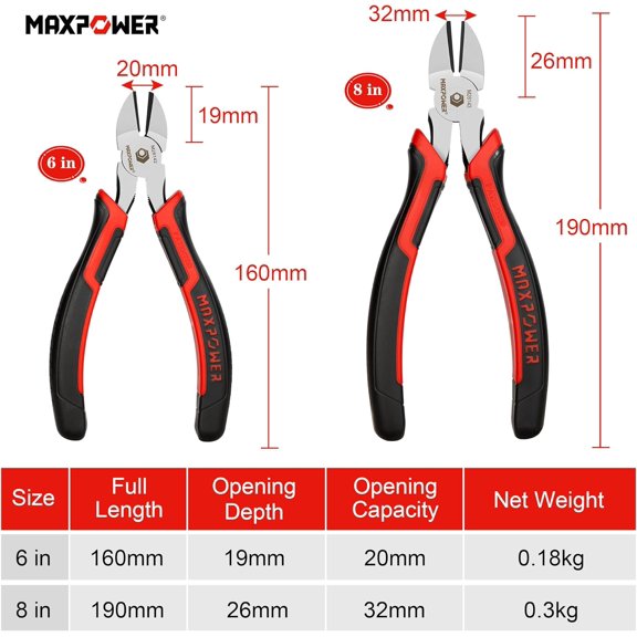 YNTVV-Diagonal Cutting Pliers, 6-inch & 8-inch Side Cutting Pliers for Cutting Electrical Wire, Cable Ties, DIY Craft, Non-slip and Soft Grip Handle - 2 Pack