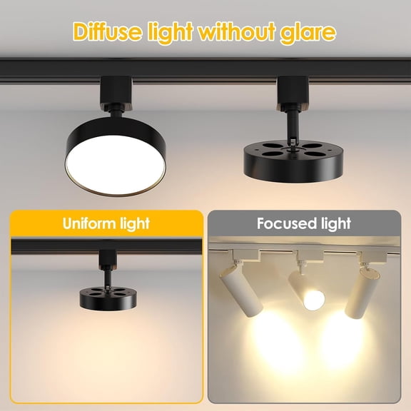 YNTVV-Diffuse LED Track Lighting Heads H Type Track Light Heads Dimmable Kitchen Track Lighting Fixtures Ceiling, Compatible with H Track Rails - Flicker Free CRI90+ 3000K 12W 1000lm, 1 Pack Black
