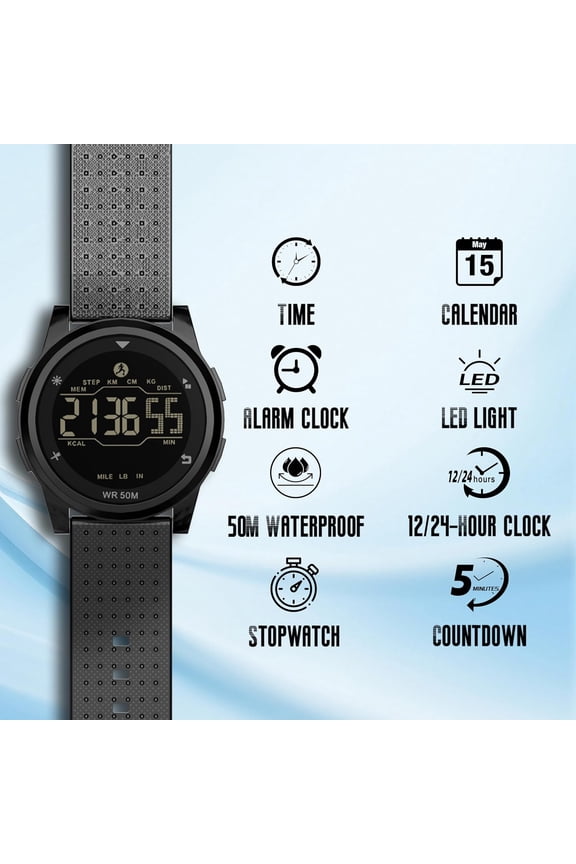 -Digital Sports Watch Ultra-Thin Watches for Men with Black Alloy Dial, Waterproof, Military Time, Alarm, Pedometer and Breathable Band, Wrist Watch for Men and Women.