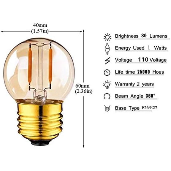 YNTVV-Dimmable 1W G40/G14 Edison LED Filament Globe Light Bulbs(5 Pack)- E26/E27 Base Antique Filament Bulbs Warm White 2200K 8W Equivalent Vintage String Lights,AC110V-130V