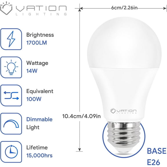 YNTVV-Dimmable A19 LED Light Bulb Super Bright White Daylight 5000K, Efficient 14 Watt, 100 Watt Equivalent, 1700 Lumens, E26 Medium Base, ETL/UL Listed, 6 Pack