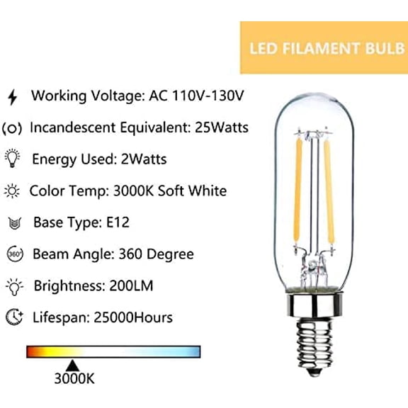 YNTVV-E12 Candelabra Bulb 25W T6 LED Bulb Dimmable 3000K Soft White, 2W Vintage LED Filament Edison Candle Bulb for Chandelier Ceiling Light, 12 Pack