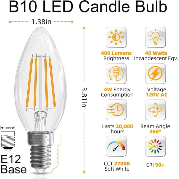 YNTVV-E12 Candelabra Bulb 40 watt Equivalent, E12 LED Bulb Dimmable Chandelier Light Bulbs, B10 Candle Light Bulbs 2700K Soft White, 90+CRI, 400LM, Clear Glass, 12 Pack