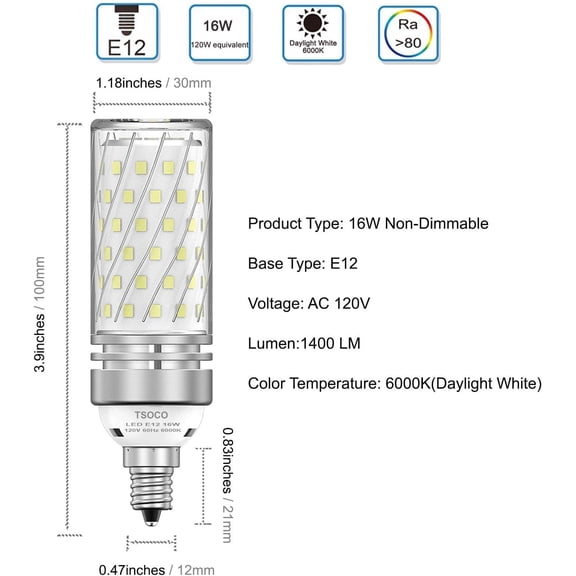 YNTVV-E12 LED Bulbs, 16W Chandelier Light Bulbs 6000K Daylight White, 1400LM 120W Equivalent Non-Dimmable, PC Aluminum Shell, 3 Pack
