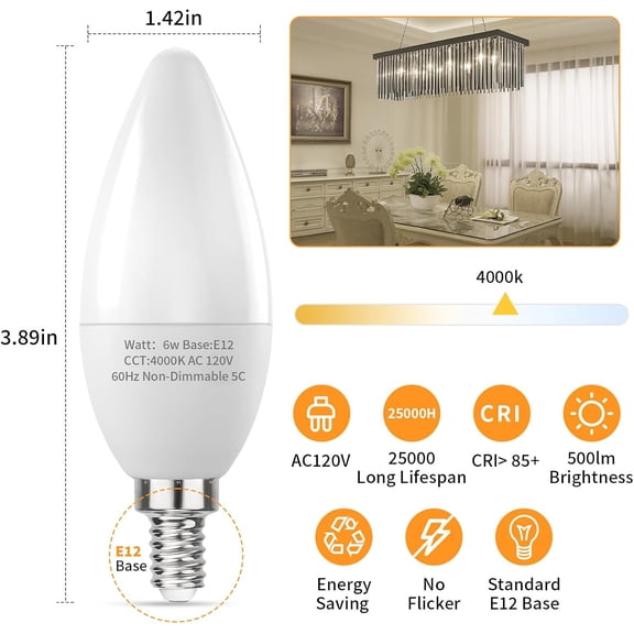YNTVV-E12 LED Candelabra Bulbs 60W Equivalent, 4000k Natural Daylight White, 6W B11 Candle Base Filament Vintage Light Bulbs, Non-Dimmable, Pack of 12