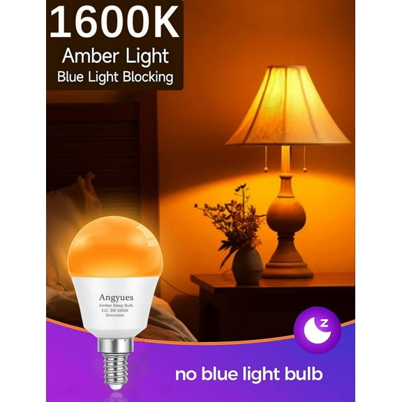 YNTVV-E12 Small Candelabra Base Amber Sleep Light Bulb Dimmable1600K Blue Light Blocking, A15 Warm Night Light Bulbs 25W 40W Equivalent, 3W 300LM Dim Lamp Bulbs for Healthy Sleep, Bedroom 6Pack