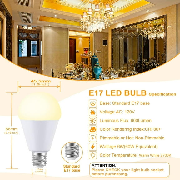 YNTVV-E17 LED Light Bulbs 6W Equivalent to Halogen Bulb 60W 600LM Non-Dimmable, E17 Base Light Bulb AC 120V for Kitchen Chandelier Bedroom Home Lighting (Warm White, 5 Pack)