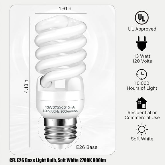 YNTVV-E26 CFL Light Bulbs 13Watt, T2 Spiral Soft White 2700K 900lm E26 Medium Base Compact Fluorescent Light Bulbs, UL Approved, 120v 60Hz, Self Ballasted CFL Bulbs (60Watt Equivalent), Pack of 4
