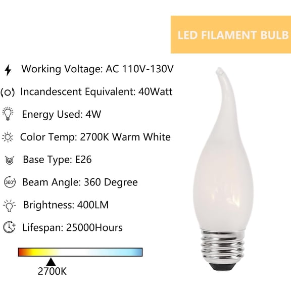 YNTVV-E26 Frosted Candelabra Bulb 40 Watt Equivalent LED Chandelier Light Bulbs, 2700K Warm White Medium Base 4W Dimmable LED Candle Light Bulbs, Frosted Glass Flame Tip Shape,6 Pack