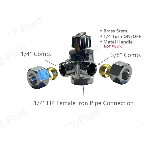 YNTVV-EZ-Fluid 1/2" FIP Female Iron Pipe Threaded X 1/4"Comp X 3/8" Comp Dual Outlets Heavy Duty Chrome Brass Angle Stop Valve,1/4 Turn Water Shut Off Ball Valve For Water Pipe,Kitchen,Filter,Icemake