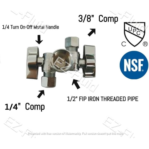 YNTVV-EZ-Fluid 1/2" FIP Female Iron Pipe X 1/4"Comp X 3/8"Comp 1/4 Turn Double Handles Dual Outlet LF Brass Angle Stop Valve Water Shut Off Ball Valve For Water Pipes,Faucet,Toilet Valve,Icemaker,Fil